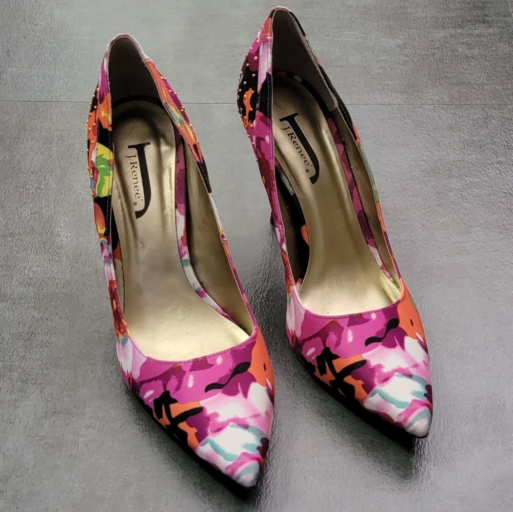 J. Reneé Stellah JJ Colorful Floral Heels with Gold Dots, Women's Size 8.5